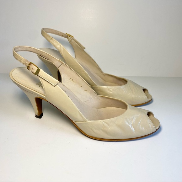 Vintage‎ Pappagallo Nude/Cream Leather Sling-back High Heel Pumps Peep-toe 7 N - Picture 2 of 8